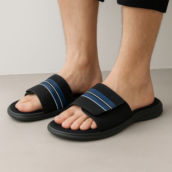 Black Memory Foam Slide Sandals With Blue Stripes Velcro Strap Unisex Size Large - Picture 6 of 6